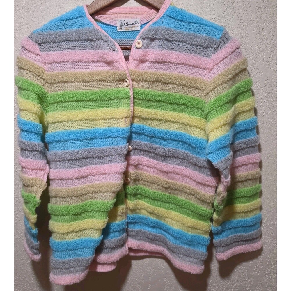 Vintage 60s 70s Rainbow Pastel Striped Shag Shaggy Loop Knit Sweater Women’s S